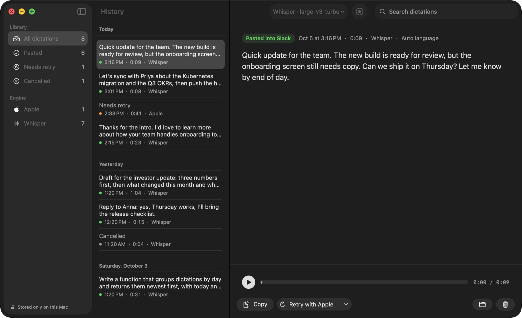 FnFlow history window in dark mode: filters, dictations grouped by day, transcript with player, Copy and Retry with Apple